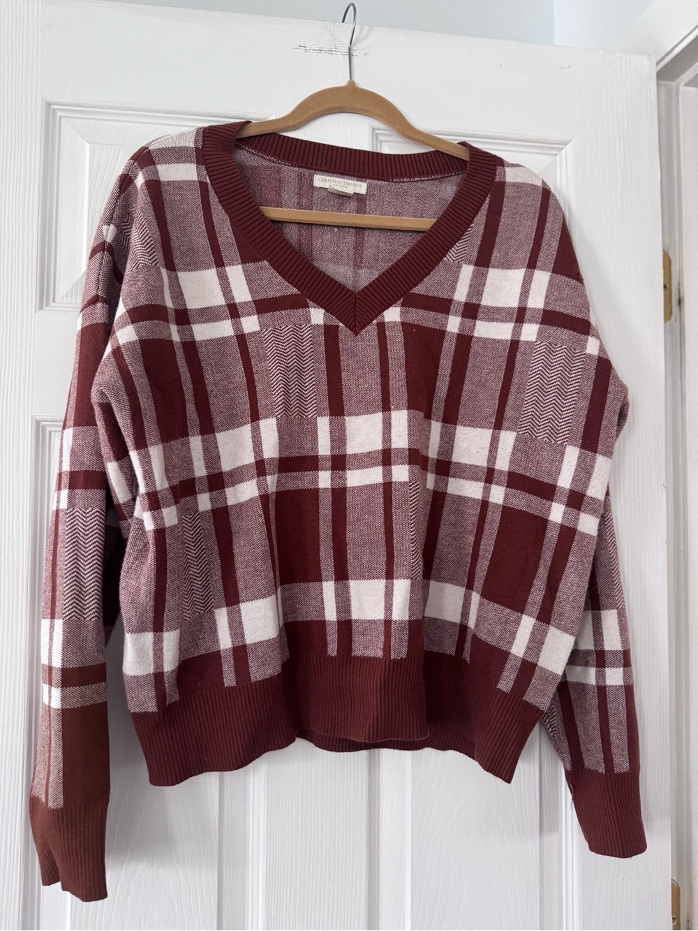 Christian Siriano Burgundy & Cream Plaid V-Neck Sweater